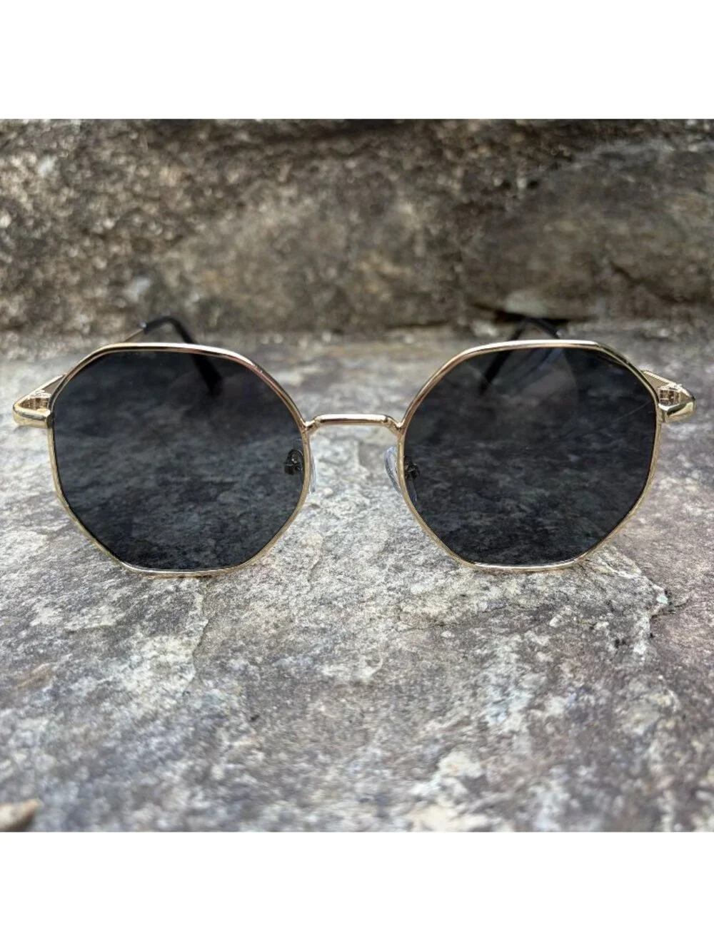 70s Gold Geometric Octagon Sunglasses Retro Round Black Lens Boho Festival NEW